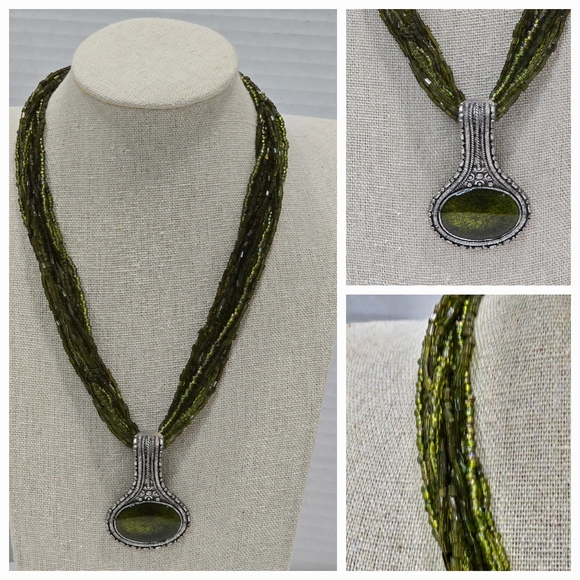 Unbranded Jewelry - Green Seed Bead Multi Strand Silver Tone Enamel Pendant Necklace